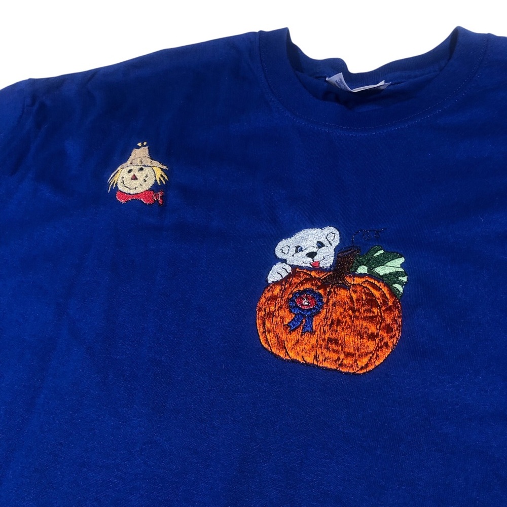 Vintage 90’s Halloween Embroidered Pumpkin Scarecrow Bear T Shirt XL boho - Picture 2 of 4